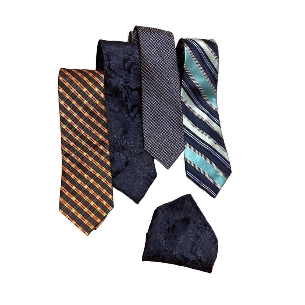 Bundle‎ of four navy blue ties silk poly 1 pocket square office work wedding